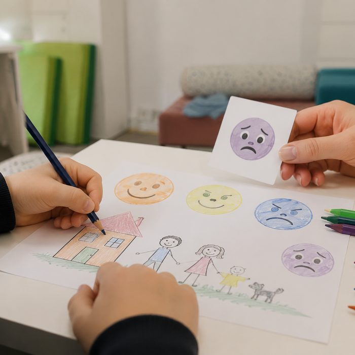 Niño dibujando a su familia en sesión de psicología infantil